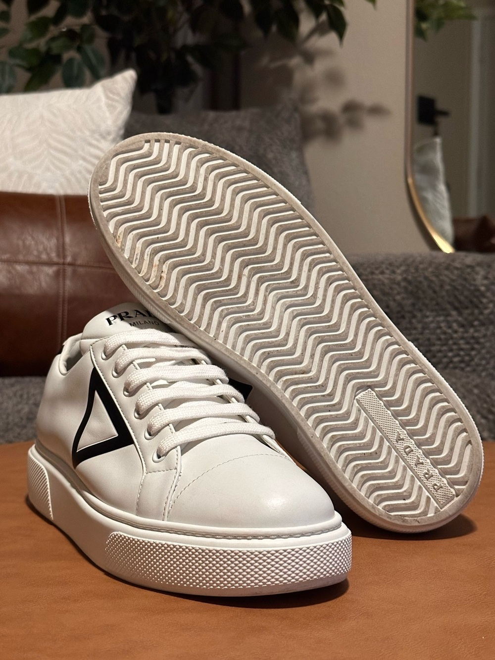 Prada Milano Triangle Logo White Black Leather Platform Sneakers EU 39.5 US 9.5 - Picture 5 of 8